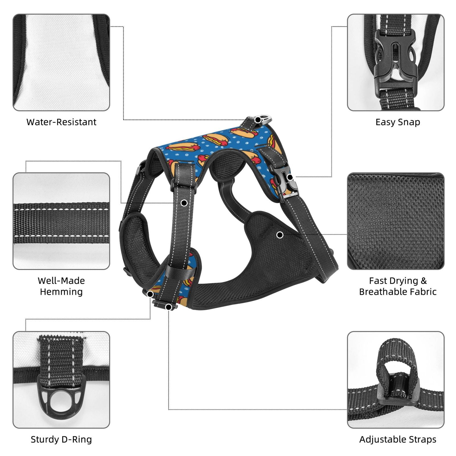Kdxio Hot Dog 1 Print No Pull Dog Harness Adjustable Reflective Oxford Easy Control Medium Large Dog Harness for Training and Everyday-Small
