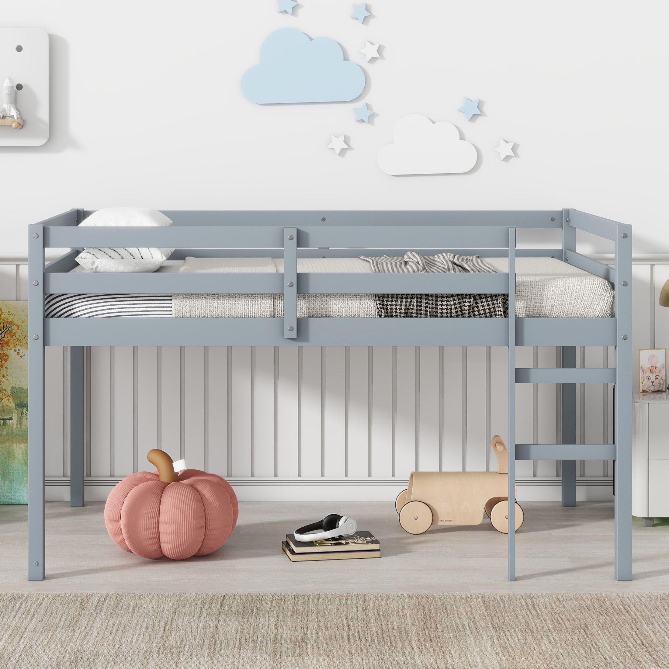 Noble House Modern Tilda Twin Loft Bed, Solid Rubber Wood Frame with Ladder, Spacious Under for Kids, Grey