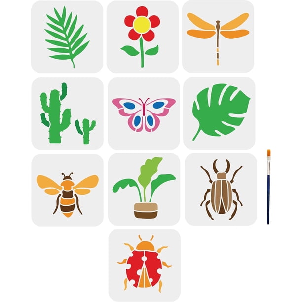 10 plantillas de insectos y plantas de 15x15 cm (6x6 pulgadas): cactus, hojas tropicales, libélulas, mariquitas, abejas, mariposas y flores. Incluye pincel.