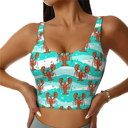Qokaie Lobsters Of Turquoise Waves Pattern Womens Scoop Neck Sports Bra Breathable Workout Vest Padded U Back Medium Impact Fitness Gym Yoga Bra Workout Crop Top-Large