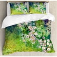 thumbnail image 3 of Flower Duvet Cover Set Twin Size, Traditional Multicolored Japanese Cherry Blossom Sakura Tree Petals Grass Land Paint, Decorative 2 Piece Bedding Set with 1 Pillow Sham, Pink Green, by Ambesonne, 3 of 3
