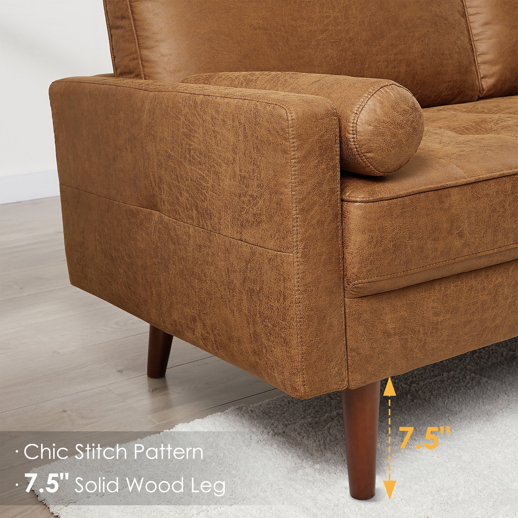 Homfa 2 Seat Leather Sofa with 2 Pillow, 57.5" Mid-Century Modern Loveseat Sofa Upholstered Tufted Couch Small Spaces Furniture for Living Room, Camel