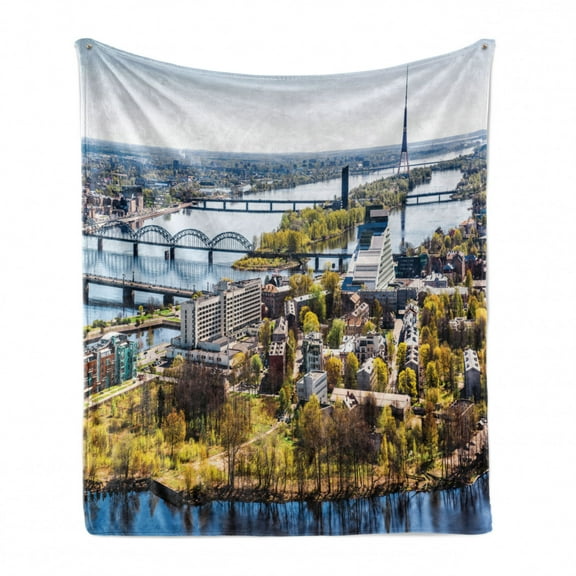 European Soft Flannel Fleece Throw Blanket, Aerial View of Riga City Cultural Urban Print Horizon Old Tower Architecture, Cozy Plush for Indoor and Outdoor Use, 50" x 60", Multicolor, by Ambesonne