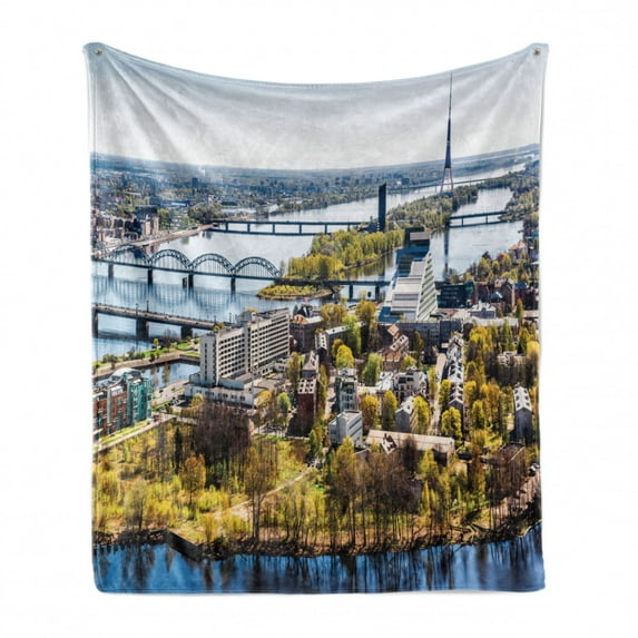 European Soft Flannel Fleece Throw Blanket, Aerial View of Riga City Cultural Urban Print Horizon Old Tower Architecture, Cozy Plush for Indoor and Outdoor Use, 70" x 90", Multicolor, by Ambesonne