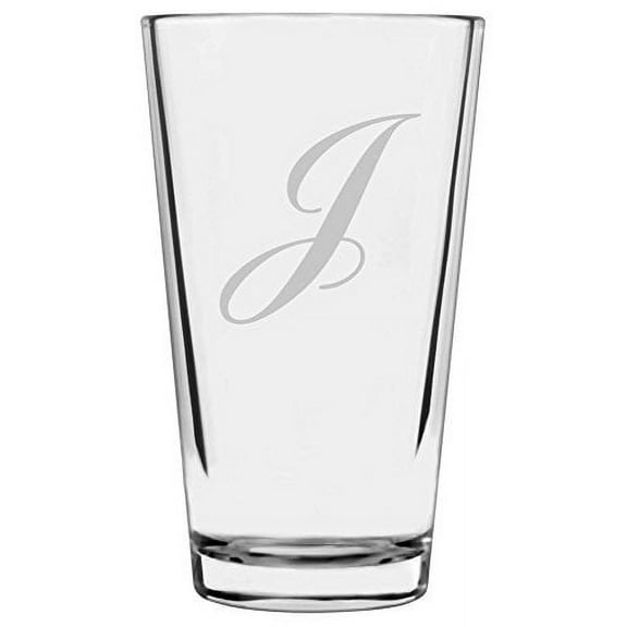 Commercial Script Etched Monogram All Purpose 16oz Libbey Pint Glass (Letter J)