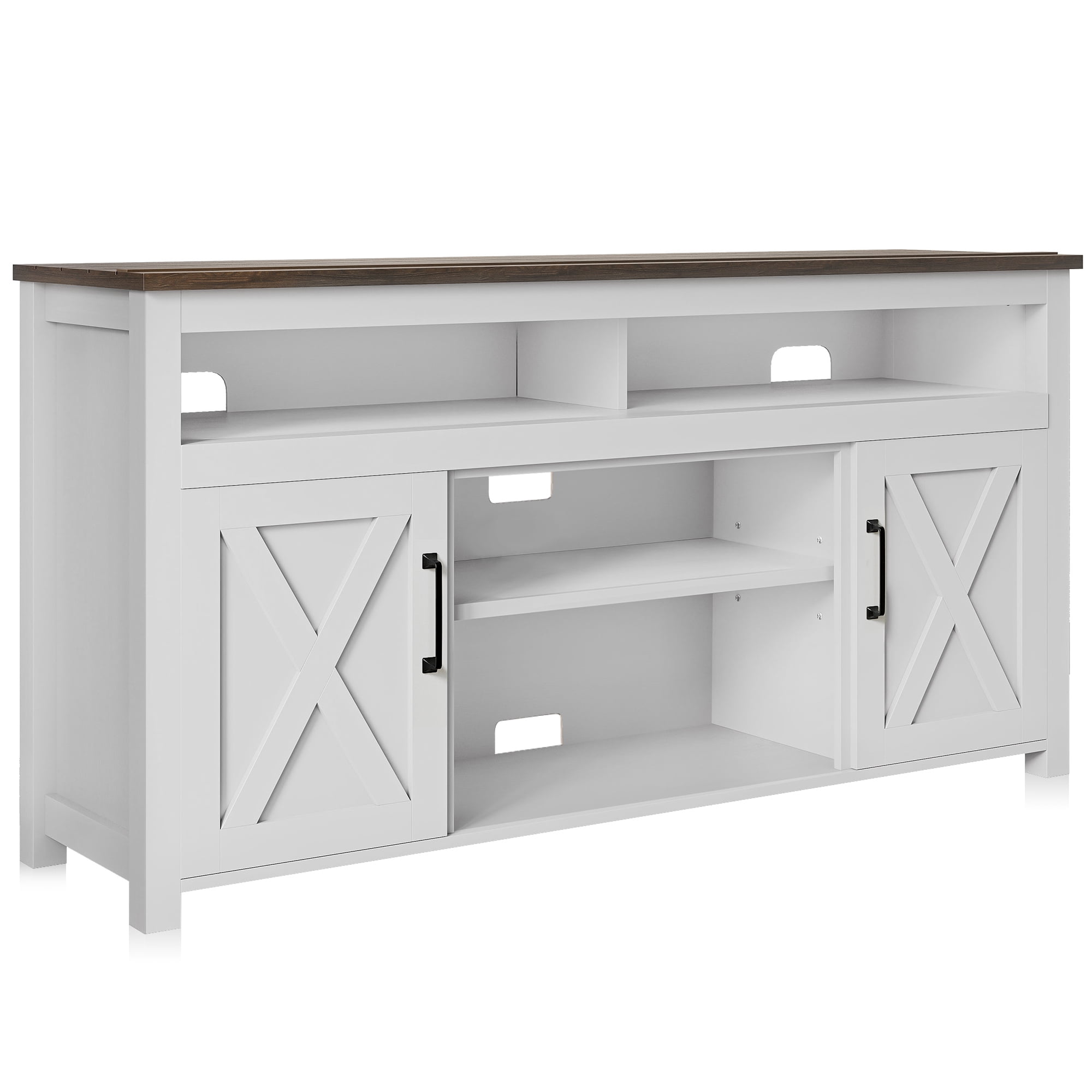 BELLEZE 58 Inch TV Stand, Contemporary Entertainment Center for TVs up to 65", Wood Media Console Table with Two Open Shelves and Barn Door Cabinets - Corin (White)