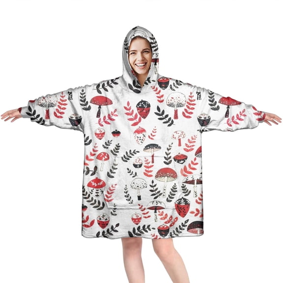 Colorful Mushroom Floral White Pattern Wearable Oversized Blanket,Wearable Blanket Hoodie for Adults,Cozy Hooded Blankets with Super Pockets,Super Warm Fuzzy Pullover for Women & Men