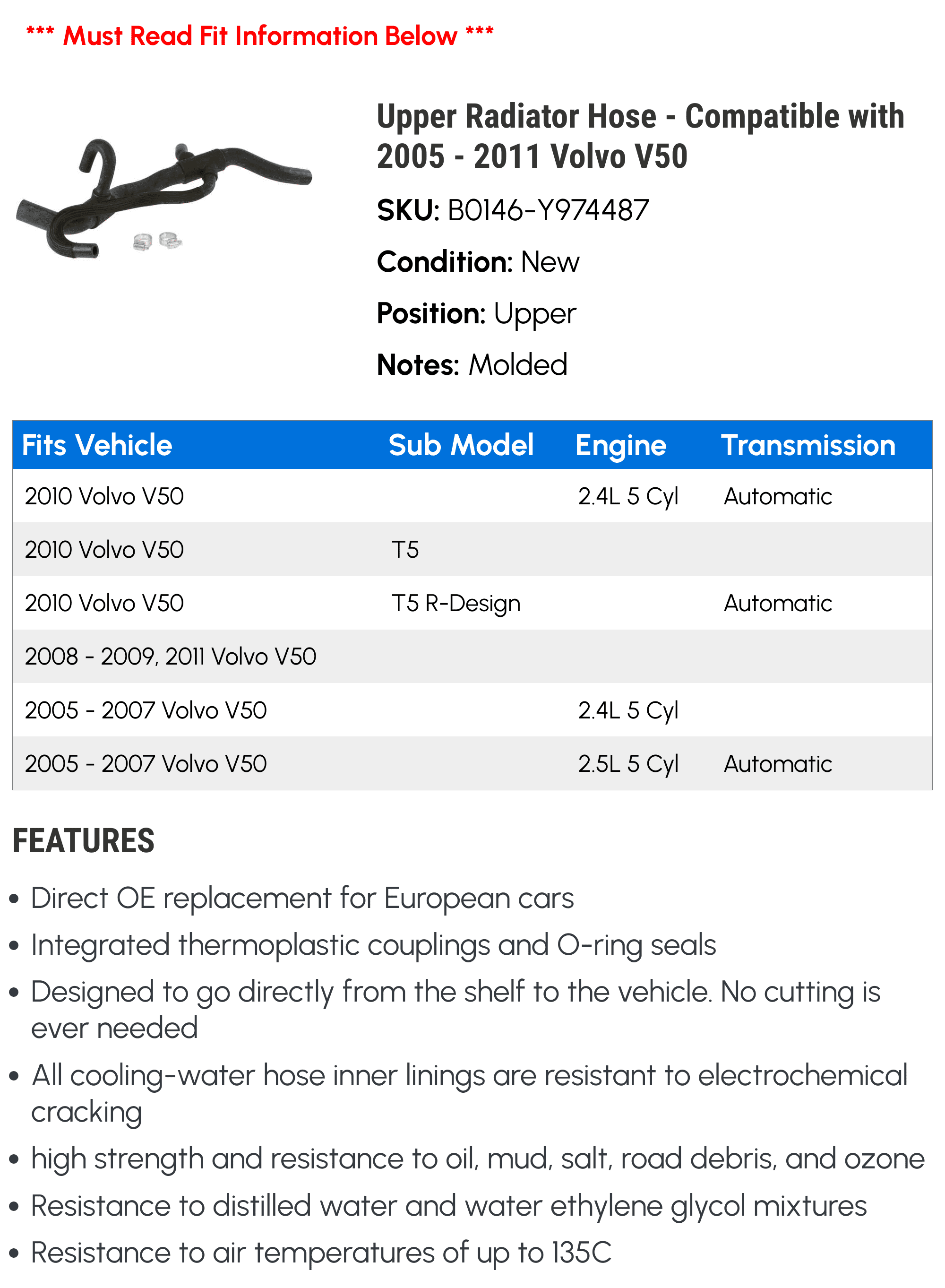 Upper Radiator Hose - Compatible with 2005 - 2011 Volvo V50 2006 2007 2008 2009 2010