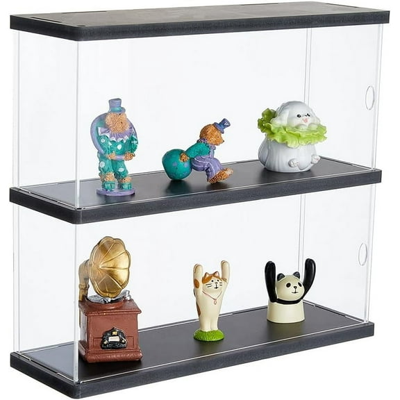 Acrylic Display Case Clear Wall Mountable Display Case for Collectibles 2 Tier Display Cabinet Box with Black Base Collections Showcase Storage Organizer DIY