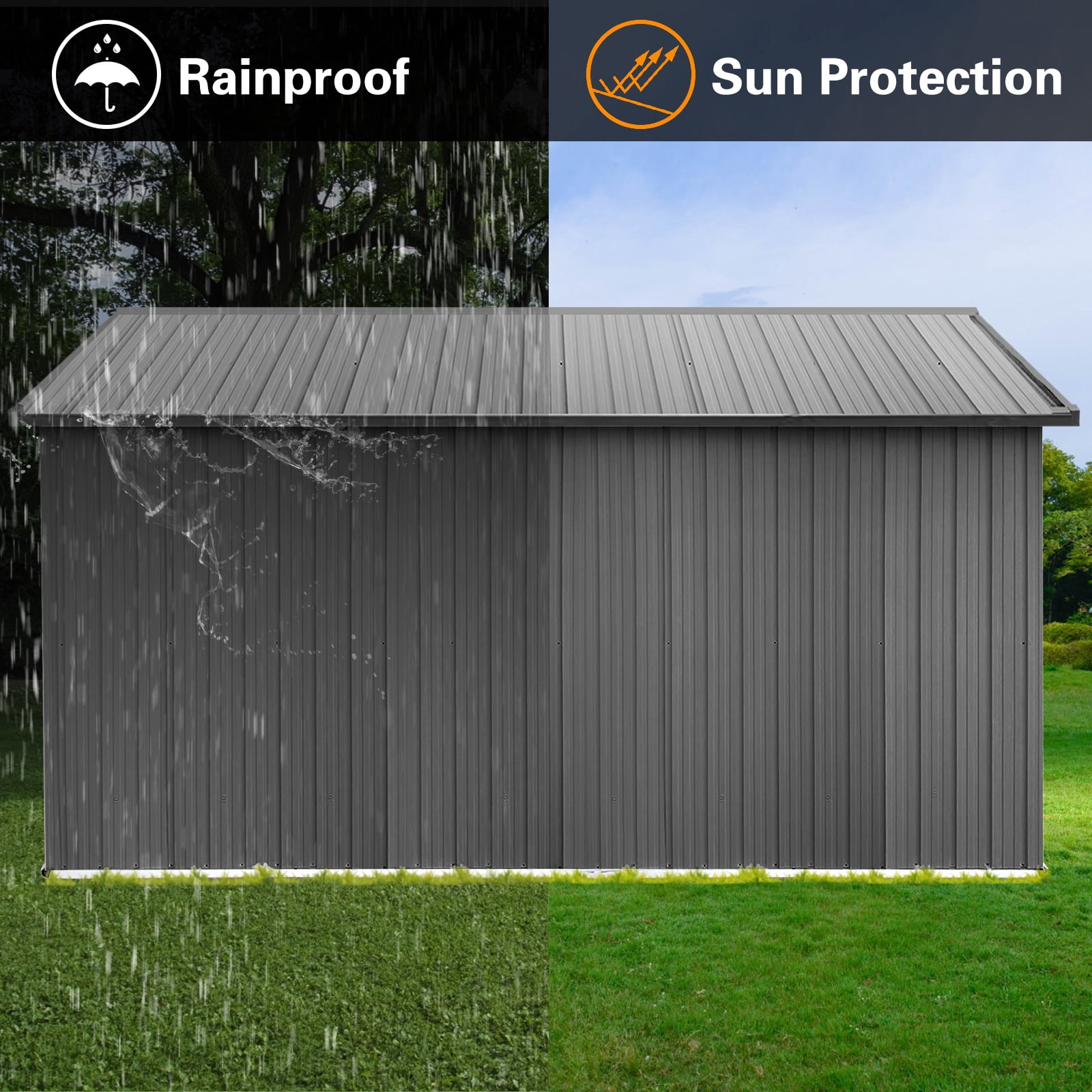 Mintazer 12×10 Ft All-Weather Metal Outdoor Storage Shed with Goods Shelves, Large Garden Tool Storage Building with Window for Backyard Lawn Patio, Gray