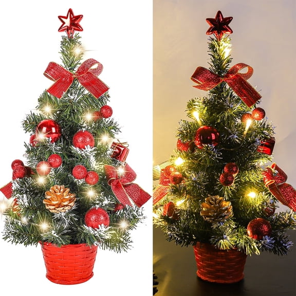 Mini Christmas Tree, 18" Artificial Small Christmas Tree with LED String Lights, Tabletop Christmas Tree with Pine Cones Christmas Balls Ornaments for Christmas Decorations