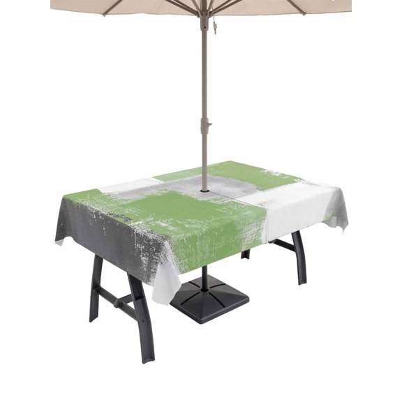 Sage Green Grey Oil Painting Outdoor Tablecloth with Umbrella Hole, Abstract Modern Geometric Spillproof Waterproof Outdoor Table Cover, Patio Tablecloths for Party Picnic Camping, Rectangle 60"x84"