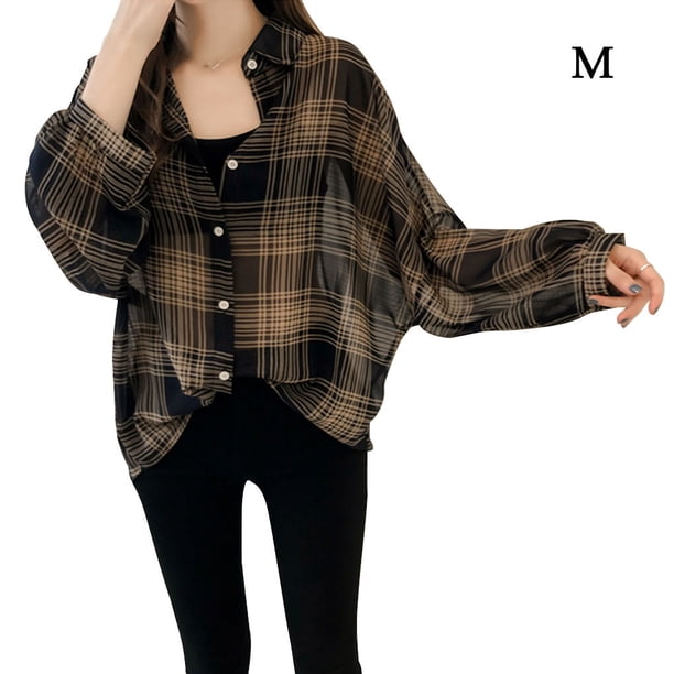 Camisa a cuadros Mujer Blusa de manga larga de primavera Botón Top informal suelto, Negro, M Inevent AP001367-02