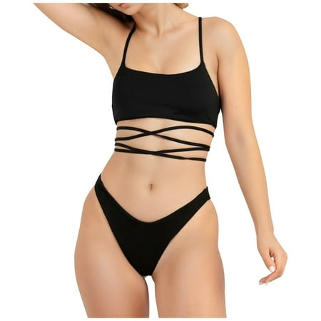 RUTAYY Swimwear Beach Sunbathing Bikini Set Tan Lines Breathable Bandeau Tops With Tie Back Bottom For Women Brazilian Beachwear