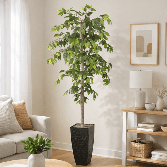 Artificial Tree, 6ft Artificial Designer Ficus Tree in a Black Metal Pot by LCG Florals, Faux Designer Fake Indoor Tree for Living Room, Office, and Home Décor
