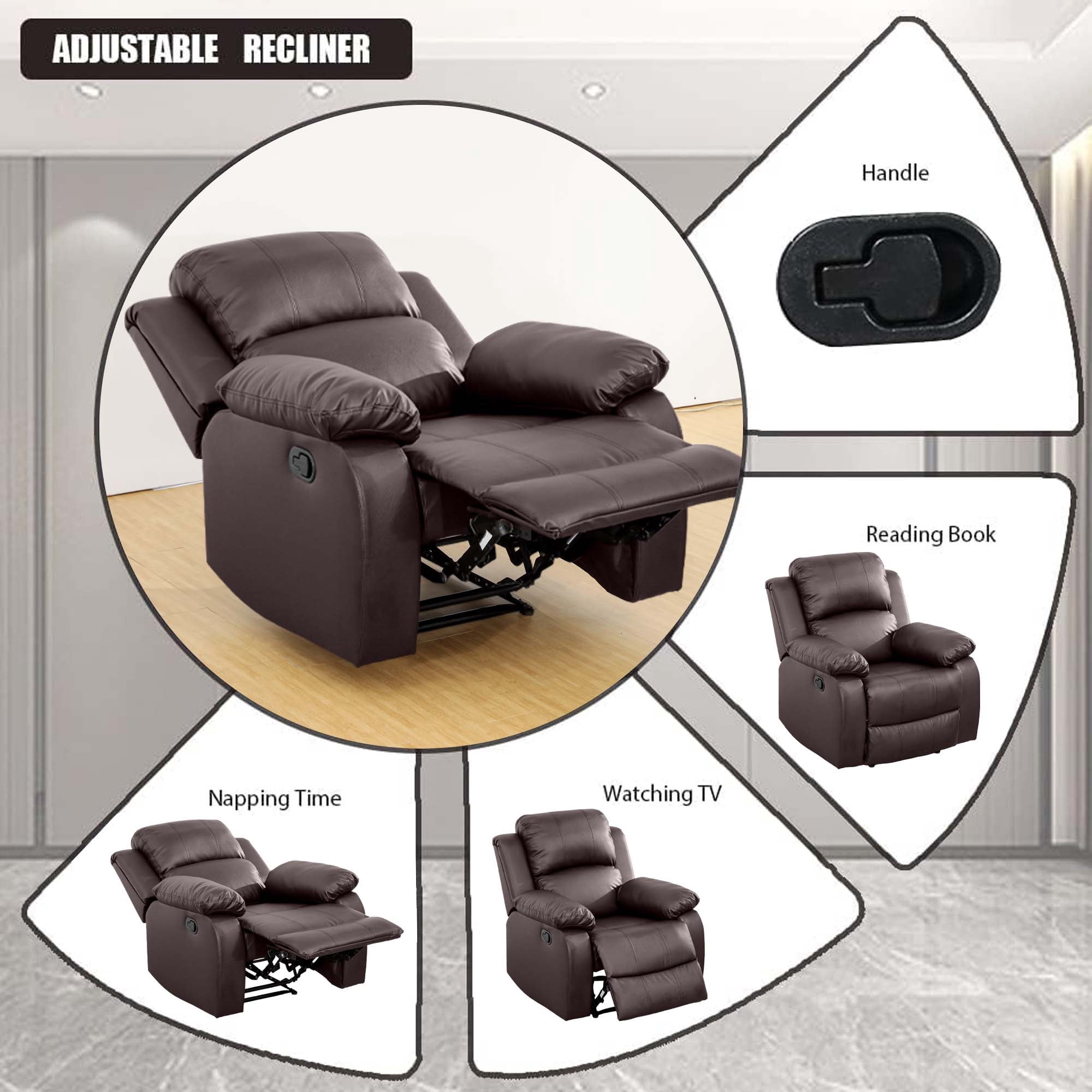 Aukfa Leather Recliner Chair Overstuffed Armchair Single Sofa w/ Lumbar Support for Living Room, Brown