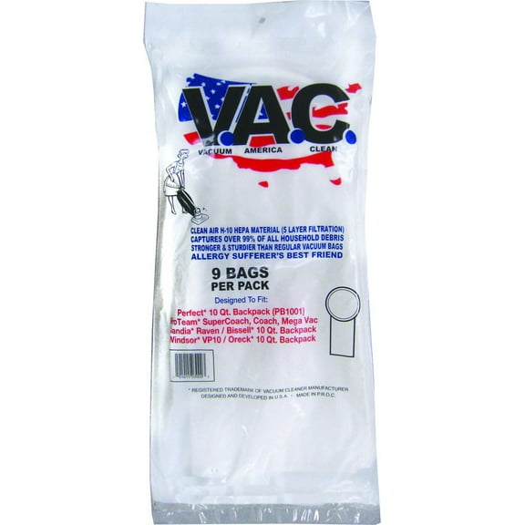 VAC 18 Perfect 10 Qt. Backpack, ProTeam Super Coach, Coach, MegaVac, Sandia Raven, Bissell 10 Qt. Backpack, Windsor VP10, Oreck 10 Qt. Backpack H-10 HEPA Filtration (Pack of 9)