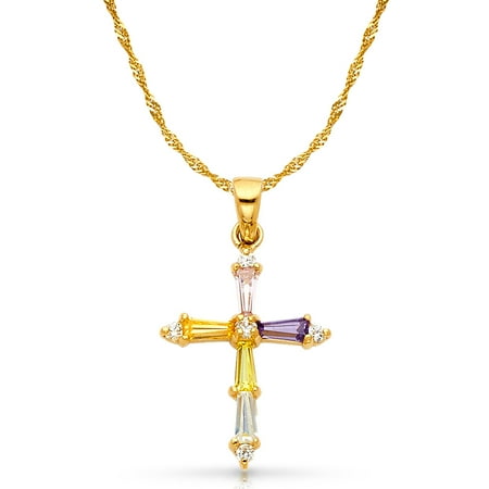 - 14K Yellow Gold Cross Tapered Baguette Cubic Zirconia CZ Colored Charm Pendant with 1.2mm Singapore Chain Necklace