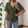 thumbnail image 4 of Stichou Women's Shirts Long Sleeve Dressy Spring Casual Classic Elegant V-Neck Button Decorated Flare Sleeve Fashion Blouses Army Green L, 4 of 6