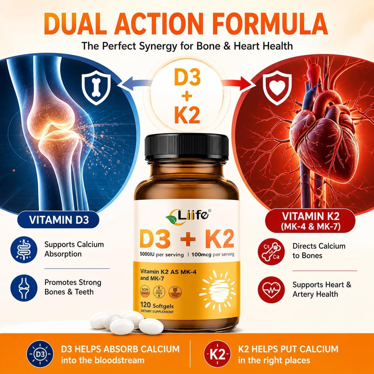 Liife Vitamin D3 K2（MK7+MK4） Supplement 5000IU with Organic Extra Virgin Coconut Oil - Supports Calcium Absorption, Bone & Immune Health- Non-GMO 120 Softgels