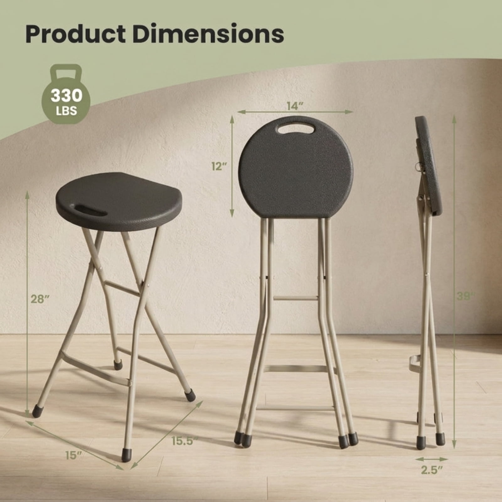 Biotree 28 Inch Portable Folding Stools with 330lbs Limited Sturdy Frame Stackable Patio Chair for Garden Backyard, Black