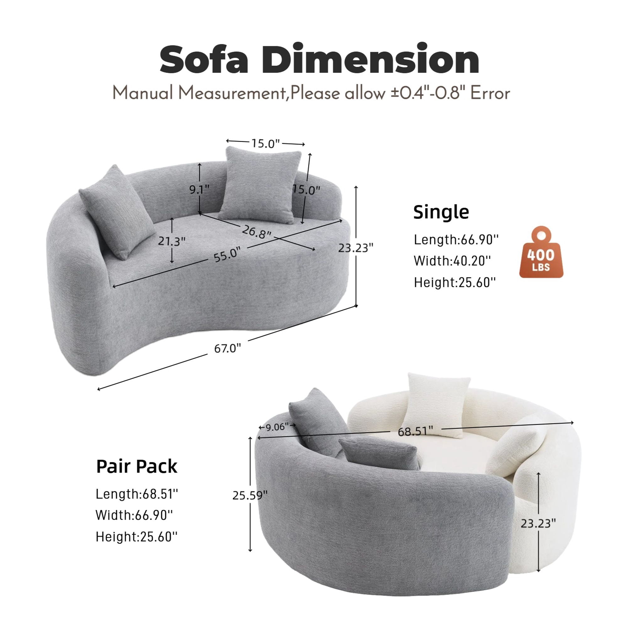 Sailvan S-Curved Chenille Sofa Loveseat, Dual-Depth, No Assembly, Compact for Small Spaces