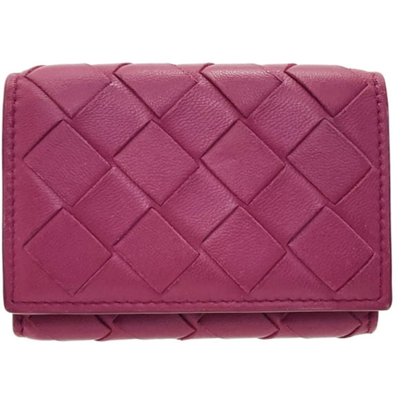Pre-Owned Bottega Veneta Intrecciato Tri-fold Wallet in Wine Red Leather with Mesh... (Good)