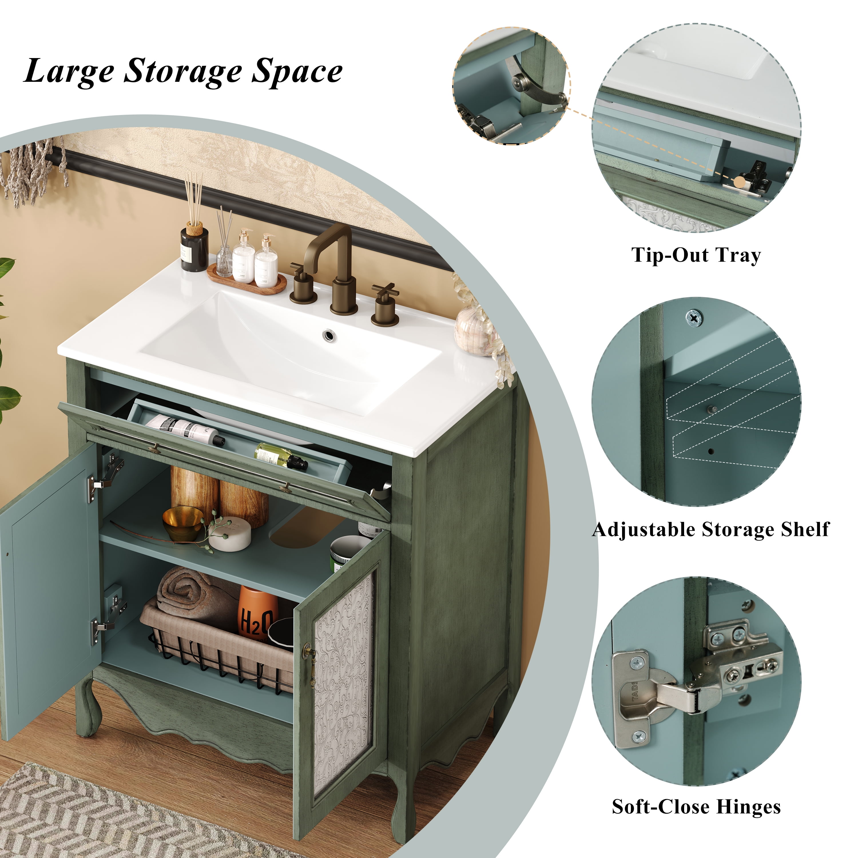 Euroco 30" Antique Pattern Bathroom Vanity in Antique Green + Blue is a stunning blend of vintage elegance and modern practicality
