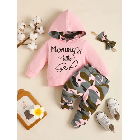 

GEDER-F Baby Girls Casual Baby Mommy‘s Little Girl Camouflage Hooded Sweater + Hairband Three-piece Set
