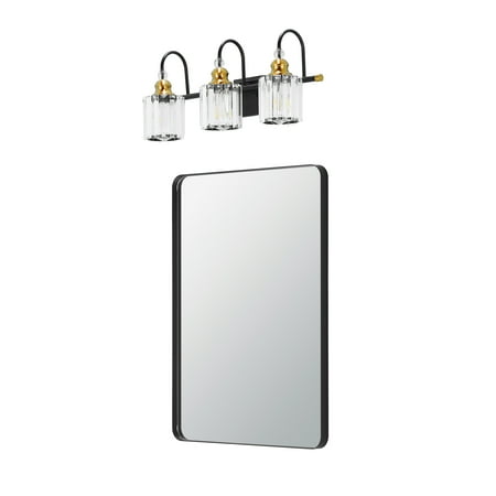 

Toolkiss Aluminum Black Frame Bathroom Vanity Mirror + 3-Lights Matte Black Vanity Light with Frosted Glass Shade