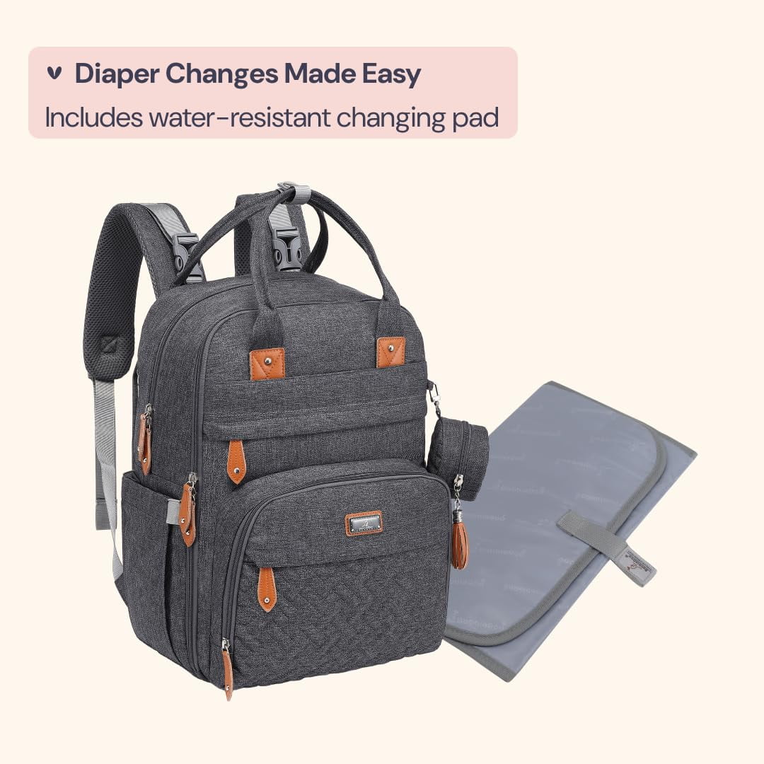 BabbleRoo Original Dark Gray Diaper Bag Backpack - Versatile Baby