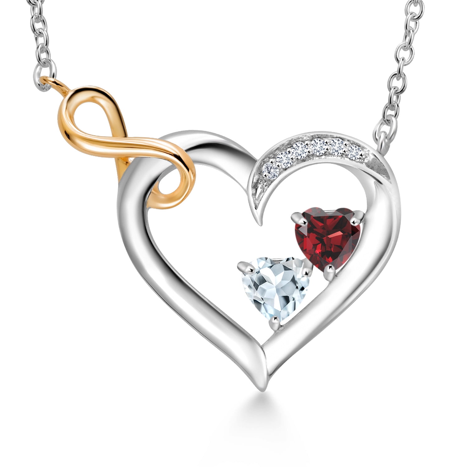 925 Sterling Silver and 10K Yellow Gold Red Garnet Sky Blue Aquamarine and White Lab Grown Diamond Infinity Heart Pendant Necklace for Women (0.61 Cttw, Heart Shape 4MM, with 18 inch Chain)