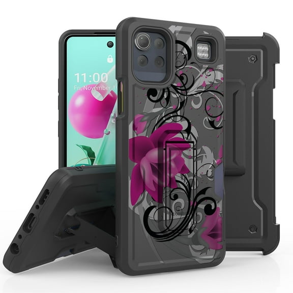 ANJ  Rugged Hybrid Shockproof Case w/Kickstand   Holster Clip Card Slot Cover for LG K92 5G - Lotus