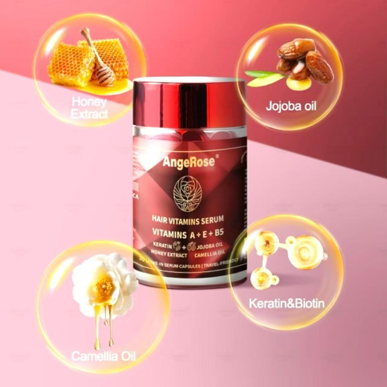 AngeRose Leave-in Hair Serum Conditioner  - Keratin, Honey, Jojoba, Argan Oil  Vitamins A E B5 for Smooth Hydrated Hair- Shine & Smooth Signature Scent-Moisturizing Serum Capsules with Honey Extract