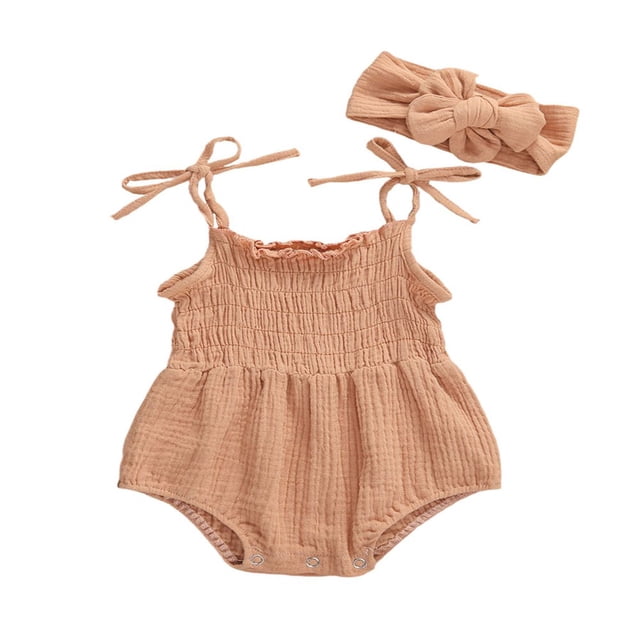 Baby Girls Summer Romper with Hair Band Solid Color Sling Shoulder Tie Outfit