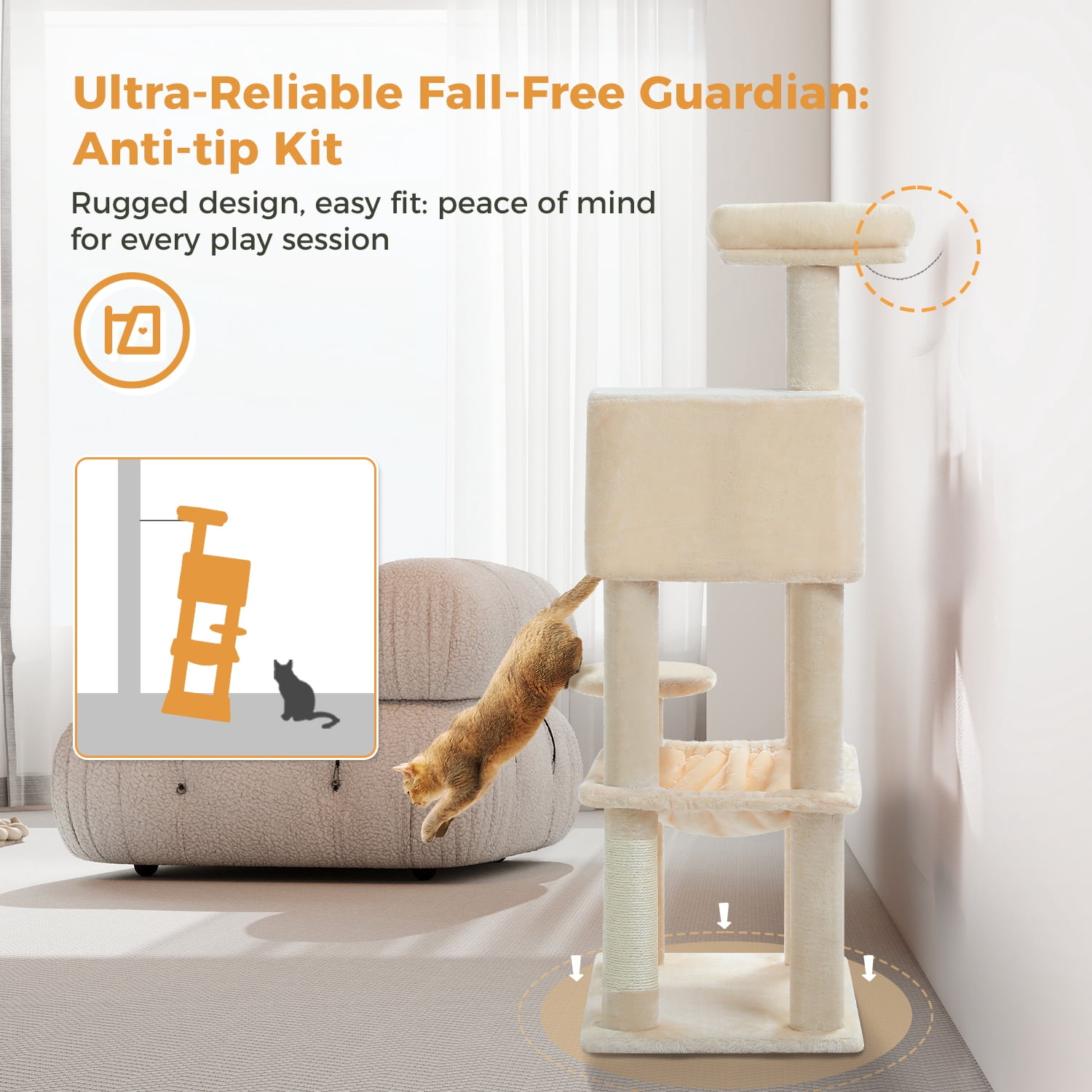 PAWZ Road Cat Tree Condo 46”with Sisal Covered Scratching Posts Tower Deep Hammock and Large Perch for Small Cats, Beige