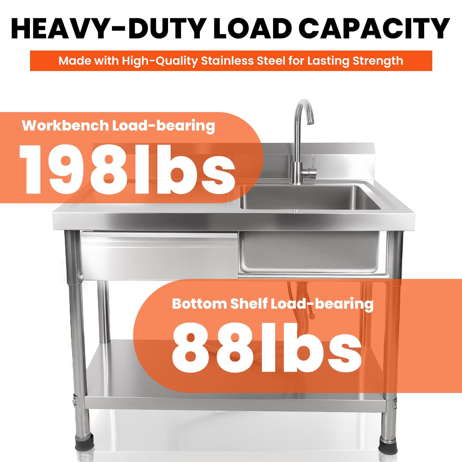 Stainless Steel Commercial Utility Sink with Drawer & Cold and Hot Water Pipe, Outdoor Freestanding Kitchen Sink, Freestanding Utility Sink , 40 Inch for Garage & Restaurant