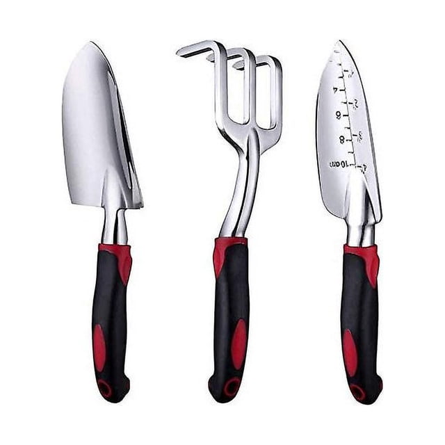 Juego de herramientas de jardinería, 3 piezas de aluminio con paleta, trasplantador y rastrillo de mano, mango ergonómico cómodo, suave y antideslizante (rojo cereza)