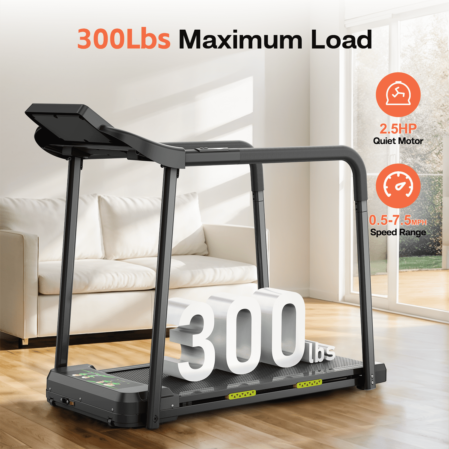 LuckyNote Walking Pad Treadmill for Seniors, Foldable Exercise Treadmill with Handrail & LED Display, 300 lbs Capacity, Black