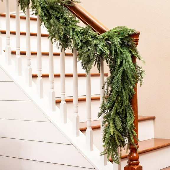 JEWLALO 9FT Mixed Norfolk Pine Garland with Evergreen, and Cedar Garland Artificial Realistic Greenery Branches for Decoration, Christmas Garland for Mantle, Premium Real Touch