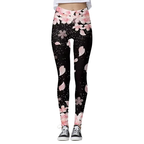 Bibifish Women's Graphic Yoga Pants Cherry Blossom Print Elastic Waist Tummy Control Yoga Pants Soft Spring Picnic Elegant Leggings