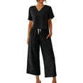 thumbnail image 3 of Women's Cotton Linen Lounge Set Short Sleeve Top Pajamas Wide Leg Pants Loungewear Outfits Pocket S-XXL, 3 of 6