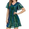 thumbnail image 3 of Jdlsppl Women's V Neck Skater Dress 50s Disco Sequin Flutter Short Sleeve Metallic Glitter Short Cocktail Party Modest Hoco Homecoming Dress Green Small, 3 of 5