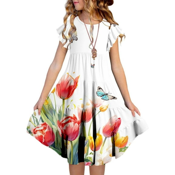 Fshinging Dresses For Girls Butterfly Floral Print Princess Party Ruffle Sleeve A-Line Kids Clothes Size 6-7 Years