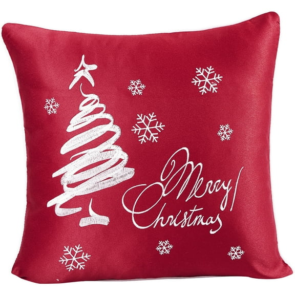 Violet Linen Seasonal Xmas Christmas Holiday Trees Pattern, Polyester Fabric, White Rope Edge, Solid Red Backing, Embroidered Tree , 18 Inch x 18 Inch, Square, Decorative Accent Throw Pillow