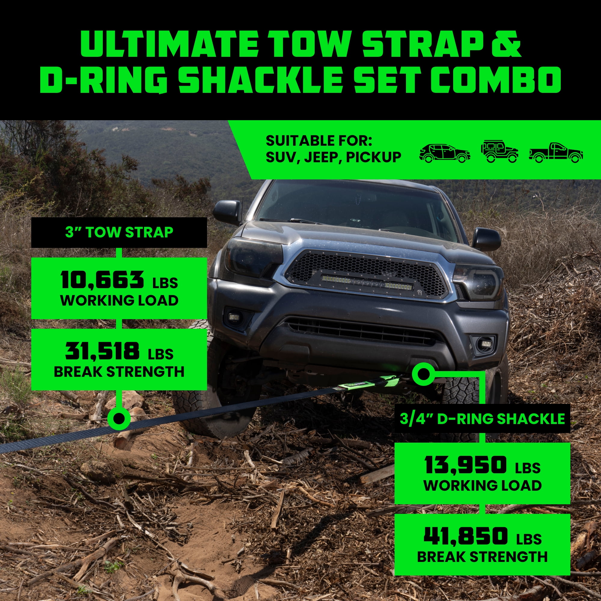 Rhino USA Combo Recovery Tow Strap (30ft) & D Ring Shackles - off-Road Vehicle Safety & Performance