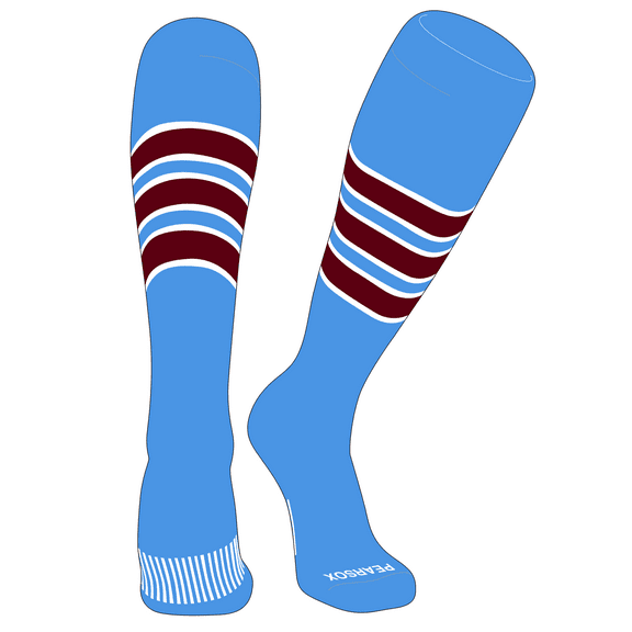 PEAR SOX Striped OTC Baseball, Softball, Football Socks (C) Sky Blue, White, Cardinal (XS)