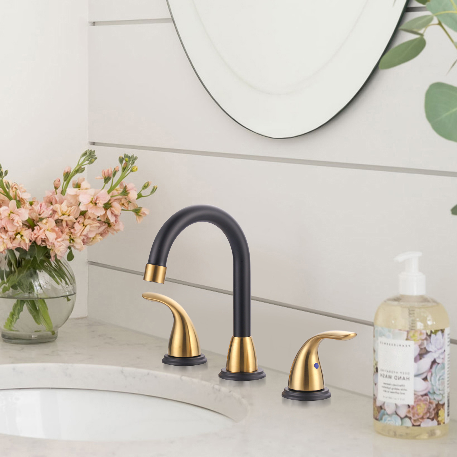 Wowow 2-Handle 6" and 8" Widespread Black and Gold Lavatory Faucet with Supply Hoses & Drain Assembly