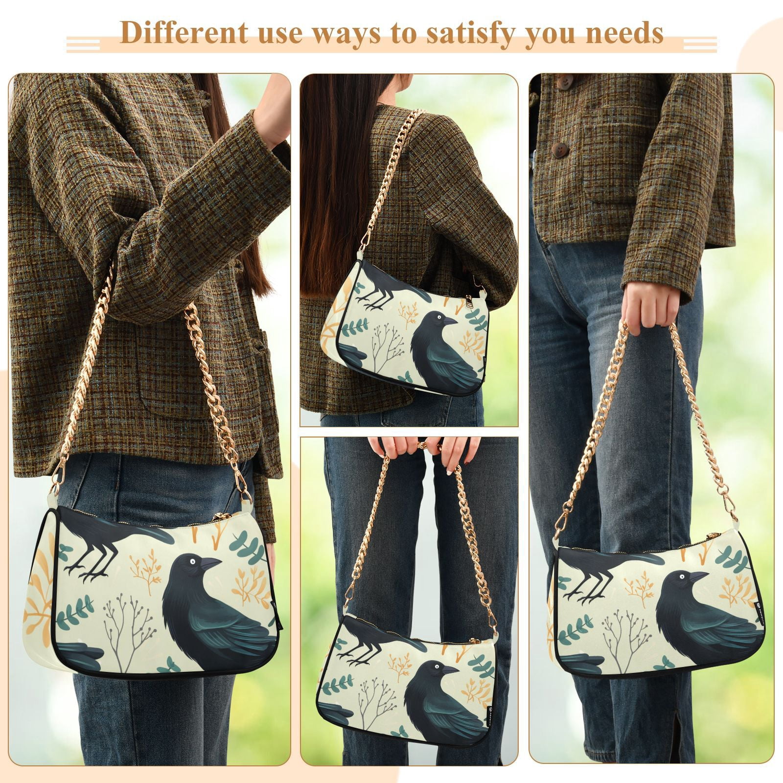 Crows LeavesWomen Small Shoulder Bag Crossbody Tote Hobo Bags Purse Clutch Handbags with Chain Strap for Women