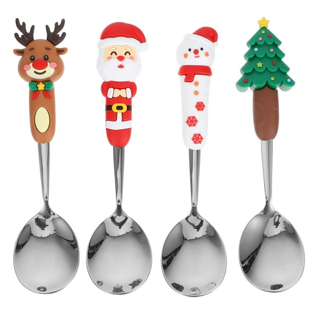 4 piezas Elementos navideños Cuchara de acero inoxidable Cuchara de té Cuchara agitadora de dibujos animados Cuchara de café Cuchara de postre Cuchara de metal Cucharas multifuncionales